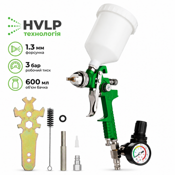 Краскопульт INTERTOOL PT-0102 пневматический HVLP, форсунка: 1,3 мм, верхний пластиковый бачок: 600 мл, 3 бар