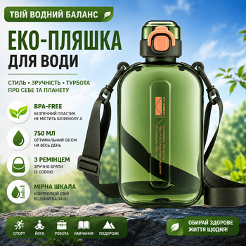 Еко-пляшка для води 750 мл зелена, BPA-free з ремінцем та мірною шкалою