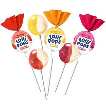 Карамель Roshen «LolliPops» льодяники на паличці зі смаком йогурту мікс (полуниця/ананас/малина), вагова, 100 г