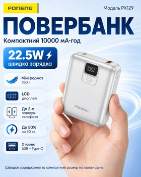 Повербанк 10000 mAh 22,5W з 2 виходами USB A type C тайп сі powerbank FONENG PX129 швидка зарядка пауербанк для телефону епл apple айфона iphone самсунг samsung android роутера power bank з дисплеєм легкий портативний Silver