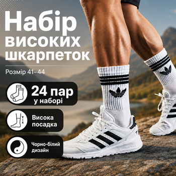 Носки Adidas высокие спортивные 24 пар размер 41-44 белые с черным логотипом и полосками длинные носки для тренировок, спортзала