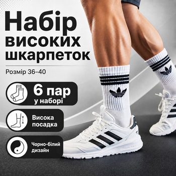 Носки Adidas высокие спортивные 6 пар размер 36-40 белые с черным логотипом и полосками длинные носки для тренировок, спортзала
