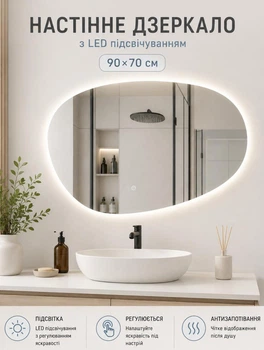 Настенное зеркало для ванной комнаты с LED подсветкой 90х70 см фигурное зеркало с подсветкой для ванной комнаты и коридора с сенсорным управлением и защитой от запотевания