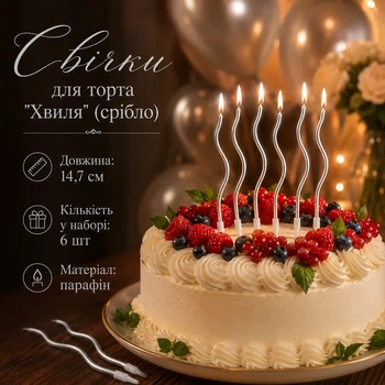 Свічки для торта "Хвиля" набір 6 шт. (срібло)