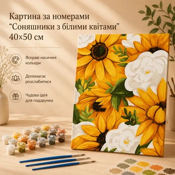 Картина по номерам "Подсолнухи с белыми цветами" 40x50 см