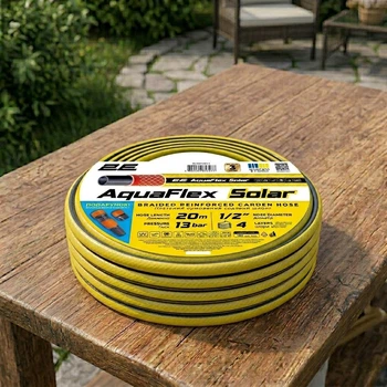 Армированный садовый многослойный шланг для полива 20 м 4 слоя из ПВХ 2Е AquaFlex Solar 1/2″ Четырехслойный шланг + ороситель + коннектор-адаптер 2в1 Желтый с черной полоской