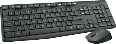 Комплект беспроводной клавиатуры и мыши Logitech MK235, офисный набор, влагозащищенный и устойчивый к отпечаткам пальцев, полноразмерный, с беспроводным приемником 2,4 ГГц, черный.