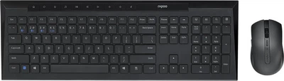 Беспроводной Bluetooth-комплект Rapoo 8200G, клавиатура и мышь с несколькими режимами работы, 121 полноразмерная клавиатура и 16 мультимедийных клавиш, тихий комплект для ноутбука и офиса, черный.