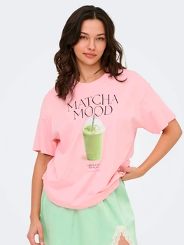Футболка хлопковая длинная женская ONLY 15346761 M Romance Rose/Matcha exotic roots (5715833761916)