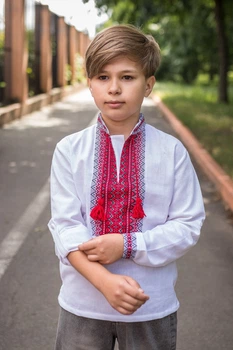 Вишиванка для хлопчика 6–13 років, льон, біла, трансформер рукав, домоткані вставки ,152, Білий з червоним