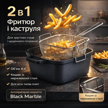 Кастрюля-фритюр 24см из литого алюминия с антипригарным покрытием Black Marble и стеклянной крышкой KM-4218