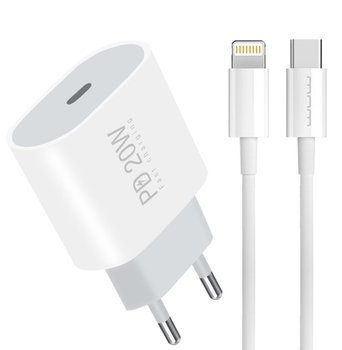 Мережевий зарядний пристрій з кабелем WUW-T79L PD 20W USB C charger with type c to lightning cable (6972573336234)