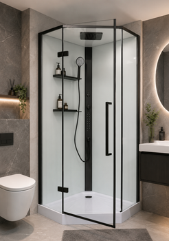 Душовий бокс INSANA Olivia 90×90×215 см, п'ятикутний, з мілким піддоном 15 см, чорний профіль, гідромасаж, прозоре скло