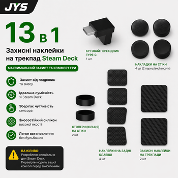 Защитный набор 13 в 1 JYS наклейки на трекпад Steam Deck, OLED тачпад стикеры, силиконовые накладки, угловой переходник, кольца на стеки