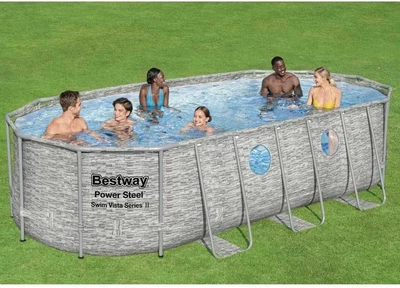 Каркасний басейн Bestway 56716 (122*274*549 см, об'єм: 13430 л, картриджний фільтр-насос 5678 л/год, дозатор хлору, драбина, тент, серія: Power Steel)