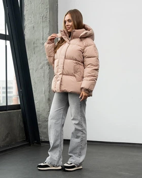 Женская зимняя куртка пуфер оверсайз бежевая однотонная L-xl-xxl (369321)