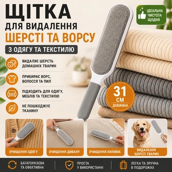 Щітка для чищення одягу від шерсті та ворсу багаторазова 31 см / Щітка для видалення шерсті тварин, пилу та волосся