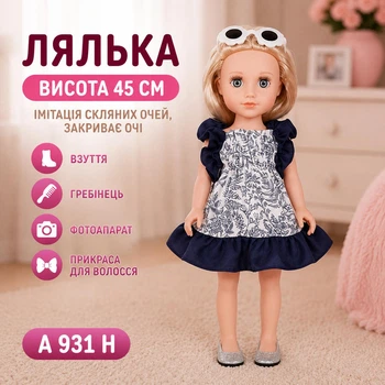 Лялька висота 45 см, імітація скляних очей, закриває очі з аксесуарами взуття/гребінець/фотоапарат/прикраса для волосся A 931 H (i7-185230)