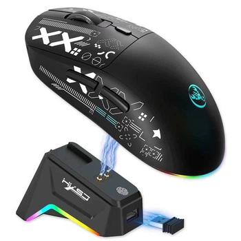 Бесшумная Игровая Мышь HXSJ T90 PRO Черная с RGB Подсветкой и Док-Станцией для Зарядки. Беспроводная 2.4G/Bluetooth/Кабель. Батарея 650mAh Сенсор 3600 DPI