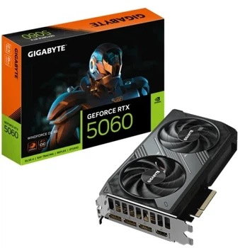 Відеокарта GeForce RTX 5060, Gigabyte, WINDFORCE OC, 8Gb GDDR7, 128-bit, HDMI/3xDP, 2512/28000 MHz, 8-pin (GV-N5060WF2OC-8GD)