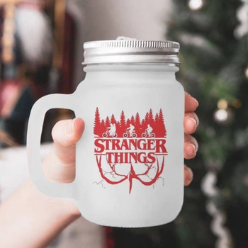 Чашка - банка для коктейлів з трубочкою матова з принтом Stranger things Дивні дива 430 мл (ДД230073)