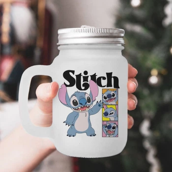 Чашка - банка для коктейлей с трубочкой матовая с принтом Stitch Стич 430 мл (БА230095)