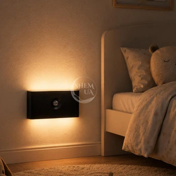 Ночник LED беспроводной Smart Night Light с датчиком движения и аккумулятором, настенный светильник для комнаты, коридора и шкафа, лампа с теплым светом 2700К Черный, DNA-281-Black