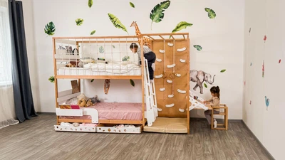 Двухъярусная кровать Монтессори "Джунгли" 190х90 см Натуральное дерево+Белый с ящиками 2х45см и столиком