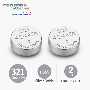 Батарейка Renata 321 (SR616SW) 2 ШТУКИ, серебряно-оксидная, 1.55V, для часов, Швейцария