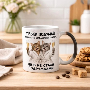 Чашка хамелеон С БЛЕСТКАМИ и надписью "Ты только подумай, как бы не та шарашкина контора, мы бы не стали подружками"