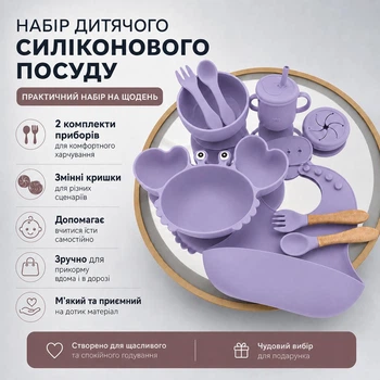 Набор детской силиконовой посуды для прикорма с тарелкой-крабом, миской, чашкой, нагрудником и приборами. Фиолетовый цвет
