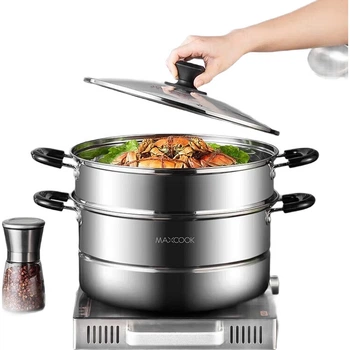 Дворівнева пароварка з нержавіючої сталі MAXCOOK 28 см, сумісна з індукційними, газовими та плитними конфорками