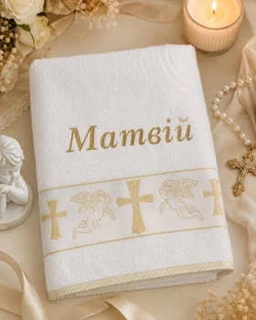 Персоналізована крижма для хрещення Матвій 70х140 см біла з золотою вишивкою