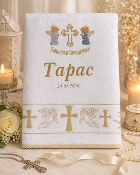 Іменна крижма для хрещення Тарас із датою 70х140 см біла з вишивкою «Таїнство Хрещення»