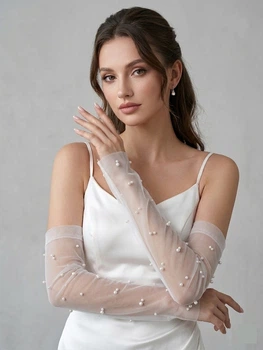 Фатинові рукавички без пальців з перлами "Pearl Glow" Honey Fashion Accessories XS/S/M білий (7-89)