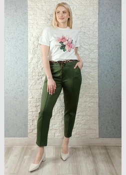 Брюки стрейчеві з леопардовим поясом на резинці зелені Italy Moda L-2XL 15-606
