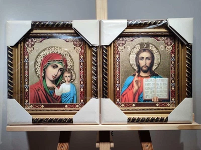 Икона Спаситель и Казанская Богородица в багетной раме 20х24 см.
