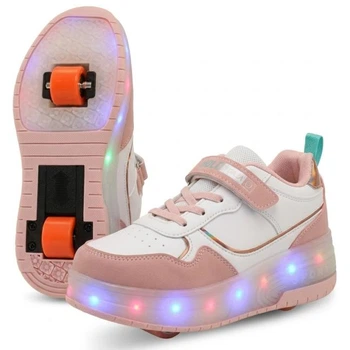 Роликовые кроссовки с подсветкой LED на двух колесах Бежево-Белый Размер 36