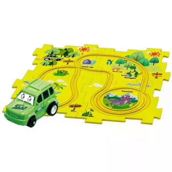 Розвивальний пазл-автотрек SHT 1103A Dinosaur Park, 25 елементів, килимок-доріжка з динозаврами, машинка та дорожні знаки в комплекті