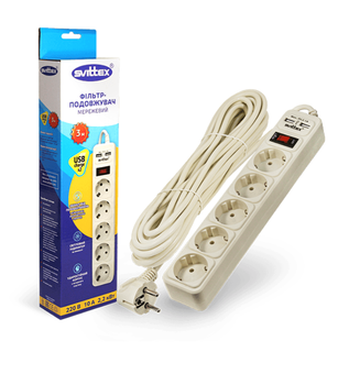 Мережевий фільтр-подовжувач 3 метри 10А 220В з 2 USB портами 5V 2.1A SVITTEX