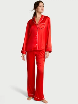 Пижама сатиновая Victoria’s Secret Glazed Satin Heart Long Pajama Set XS красная