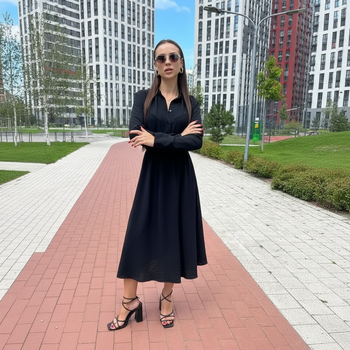 Сукня-сорочка зі стійкою віскоза жатка чорна, XS-XXS