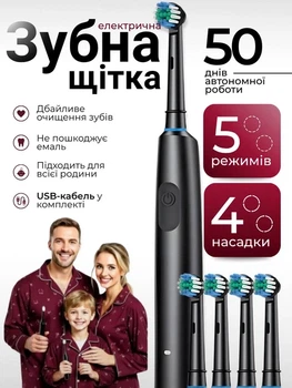 Электрическая зубная электро щетка аккумуляторная для взрослых и детей с 4 сменными насадками 5 режимов чистки 40000 об/мин 3D очищение для удаления налета отбеливания зубов массажа десен чистки языка таймер 2 минуты водонепроницаемая с зарядкой