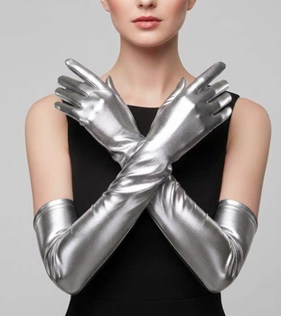 Сексуальні довгі вечірні рукавички з ефектом латексу Honey Fashion Accessories XS/S/М сріблястий (7-83/1)