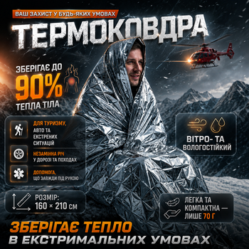 Термоодеяло спасательное изотермическое двустороннее серебристое термопокрывало экстренное для сохранения тепла 160×210 см Kayfovo