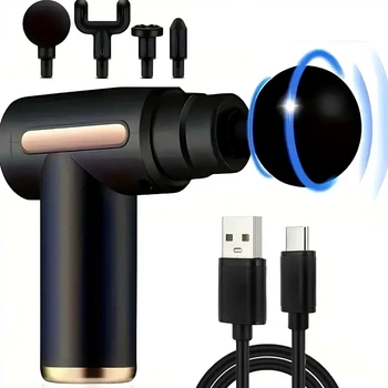 Перкуссионный массажер 20Вт 6 режимов 4 насадки с USB для тела черный
