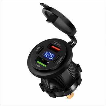 Автомобільний зарядний пристрій чотири порта QC 2.4A 2 USB + 2 Type-C 12-24V 60W та Dual USB врізна розетка, з вольтметром Синє підсвічування (80039)