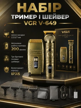 Набор триммер и шейвер VGR для ухода за бородой и волосами аккумуляторный с насадками для стрижки и бритья