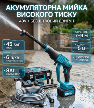 Аккумуляторная мойка высокого давления Krafftec Germany PRO безщеточная 48V 8Ah 45 бар 6 л/мин с 2 АКБ и насадками