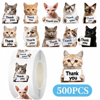 Рулон из 500 наклеек стикеров с котиками "Thank you", водонепроницаемые, кото мемы, стикеры с забавными котиками, 500 шт.
